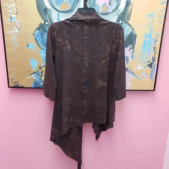 Boho Chic Brown and Gold Asymmetrical Button Front Top - Picture 2 of 6